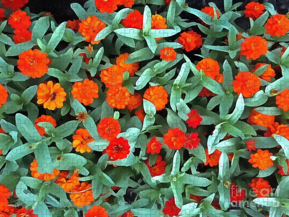 Zinnias Jigsaw Puzzle featuring the photograph Zinnia flower - Profusion Orange by Janine Riley
