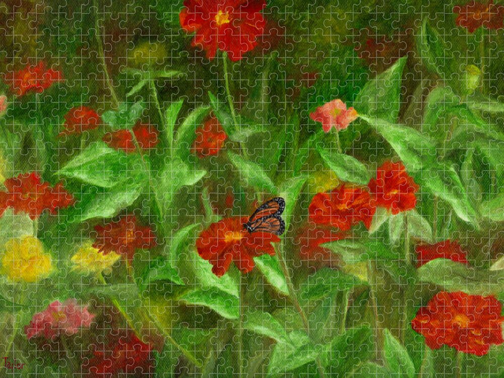 Butterfly Jigsaw Puzzle featuring the painting Zinnias by FT McKinstry