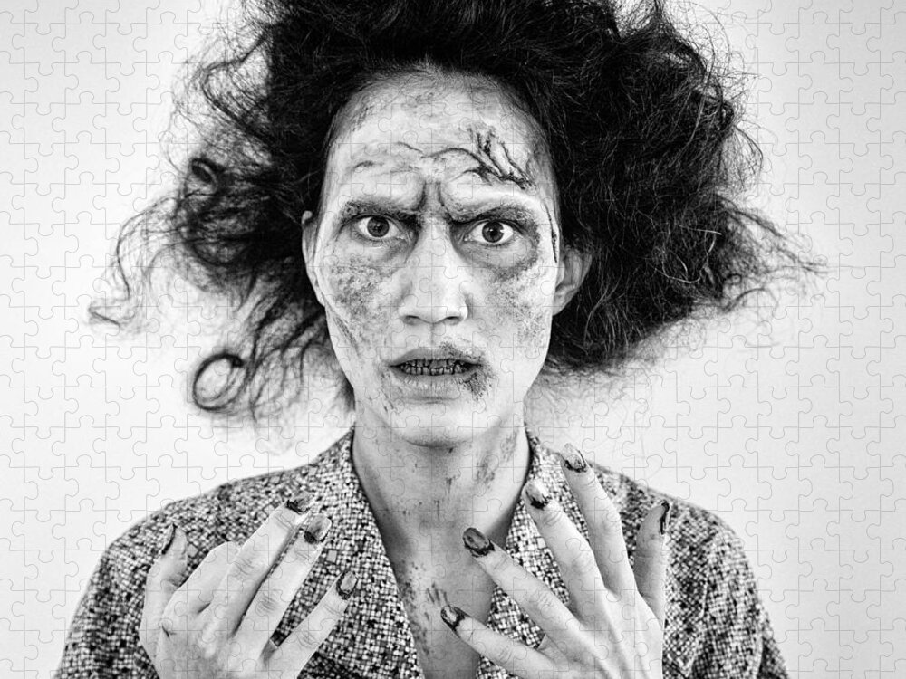 Zombie Jigsaw Puzzle featuring the photograph Zombie woman portrait black and white by Matthias Hauser