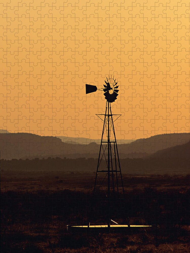 Tranquility Jigsaw Puzzle featuring the photograph A Desert Windmill At Sunset #1 by Wesley Hitt