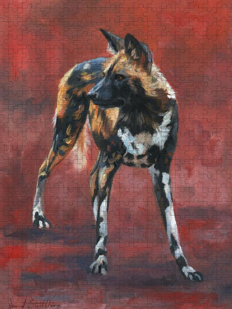 Wild Dog Jigsaw Puzzle featuring the painting African Wild Dog #1 by David Stribbling