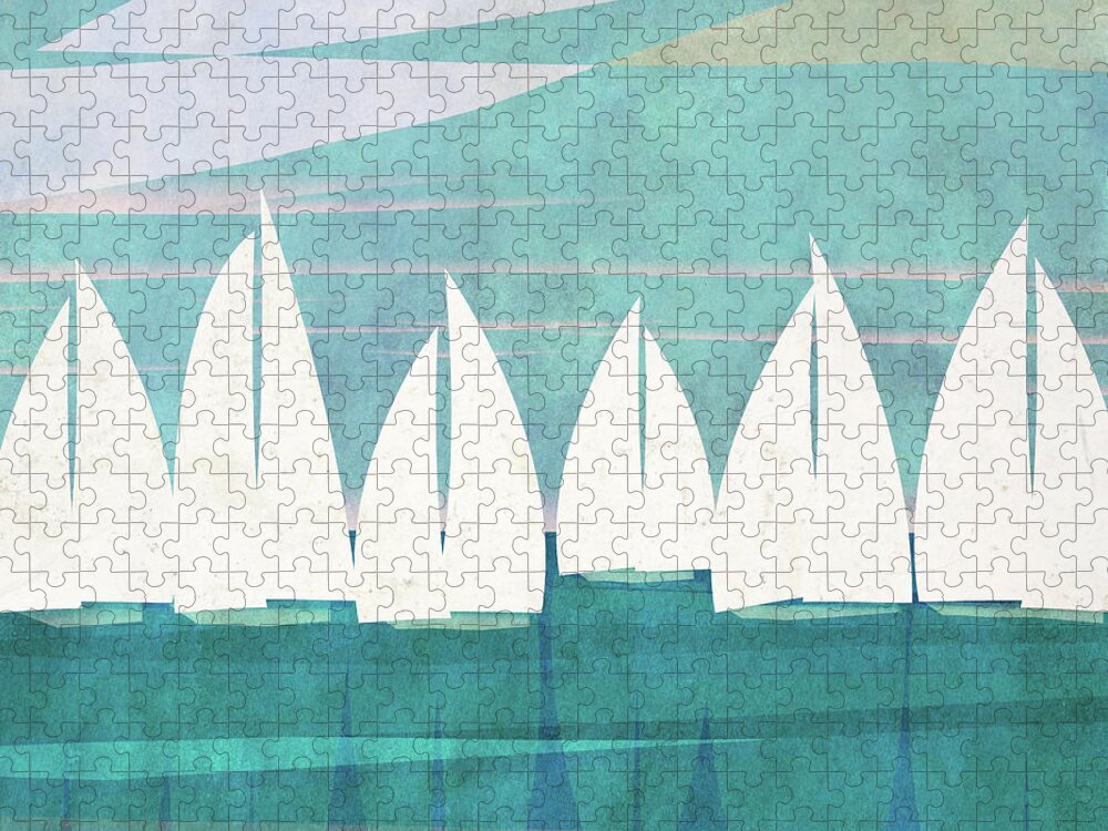 Afternoon Jigsaw Puzzle featuring the mixed media Afternoon Regatta I #1 by Dan Meneely