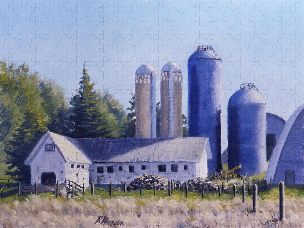 Landscape Jigsaw Puzzle featuring the painting Blue Silo's by Rick Hansen