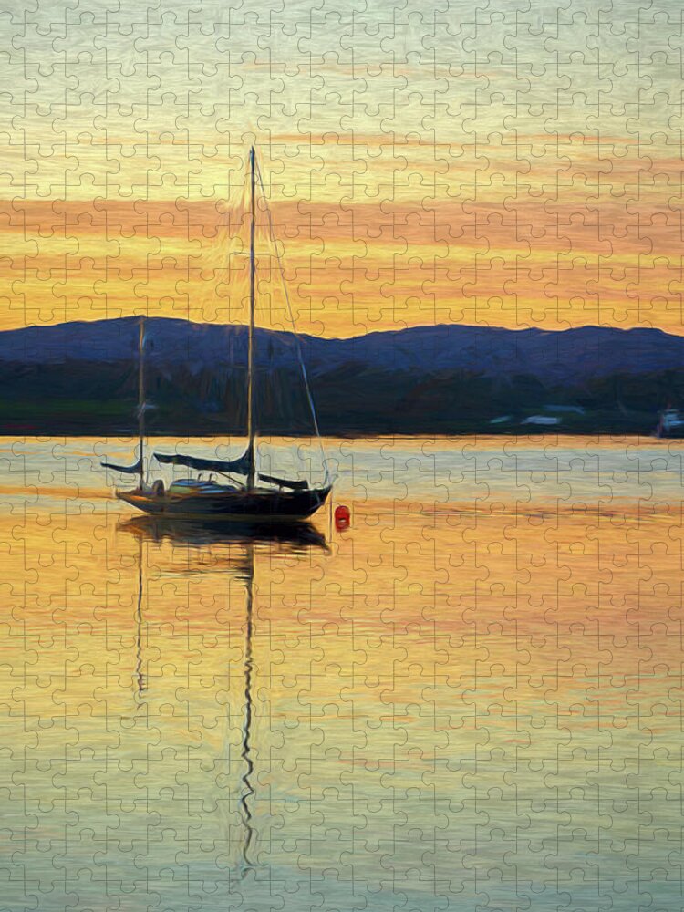 Beautiful Jigsaw Puzzle featuring the digital art Boat On A Lake at Sunset #1 by Rick Deacon