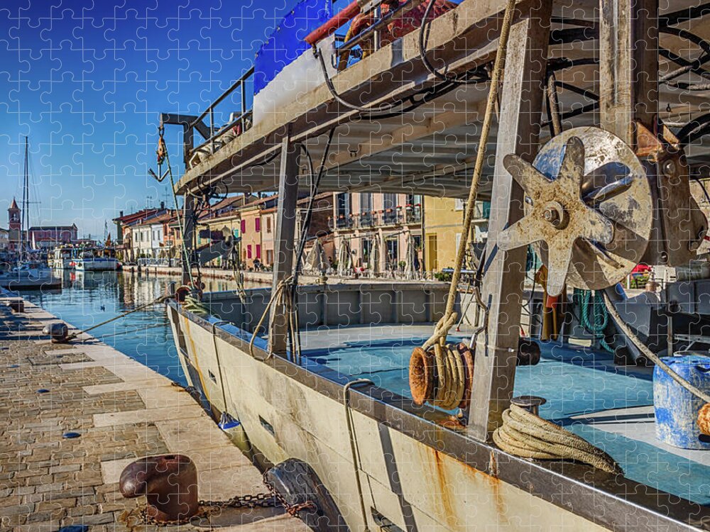 Boats Jigsaw Puzzle featuring the photograph boat on Italian Canal Port #1 by Vivida Photo PC