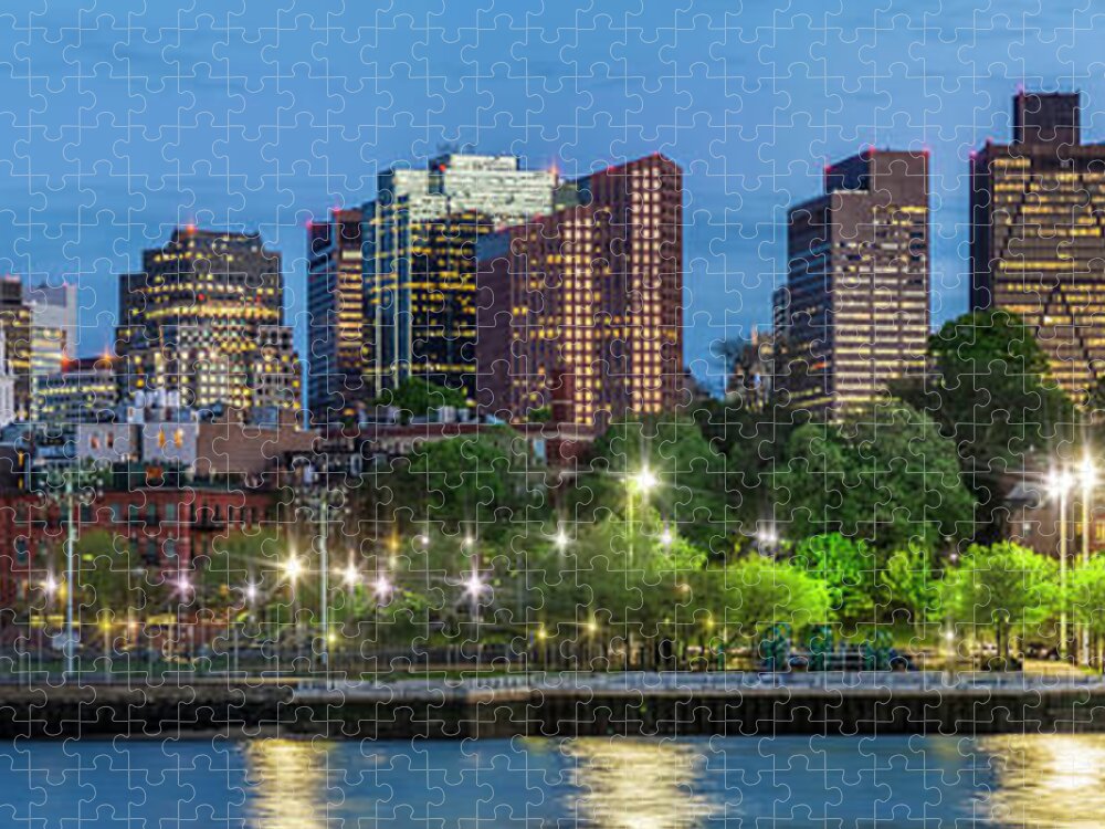Boston Jigsaw Puzzle featuring the photograph BOSTON Evening Skyline of North End and Financial District - Panoramic #1 by Melanie Viola