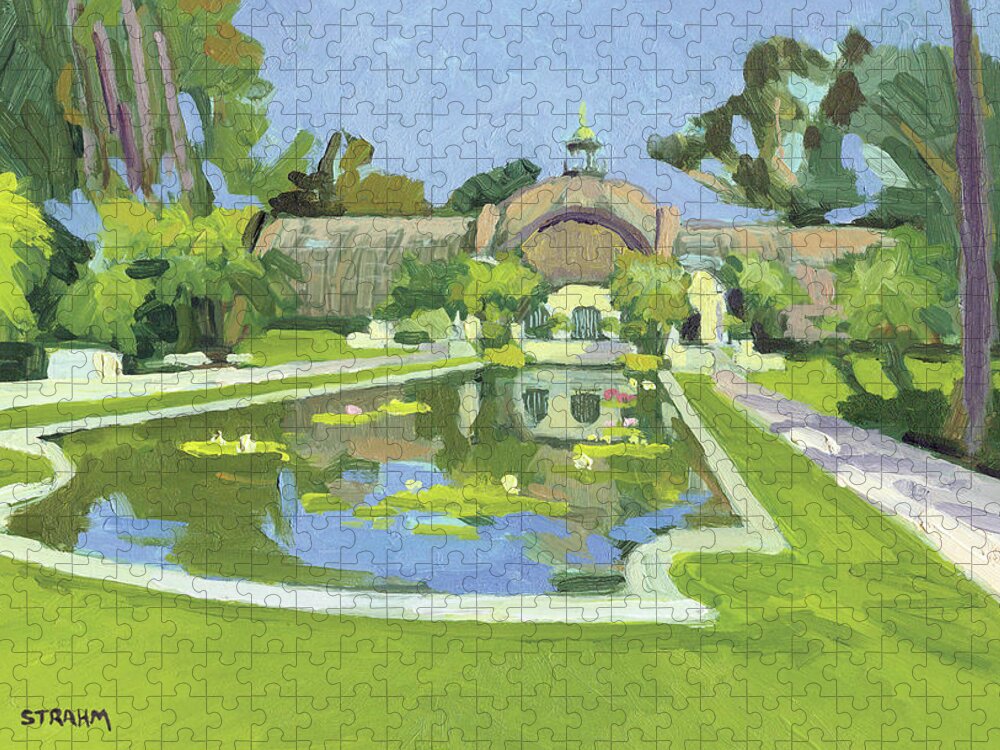 Botanical Building Jigsaw Puzzle featuring the painting Botanical Building Reflection Pond Balboa Park San Diego California by Paul Strahm