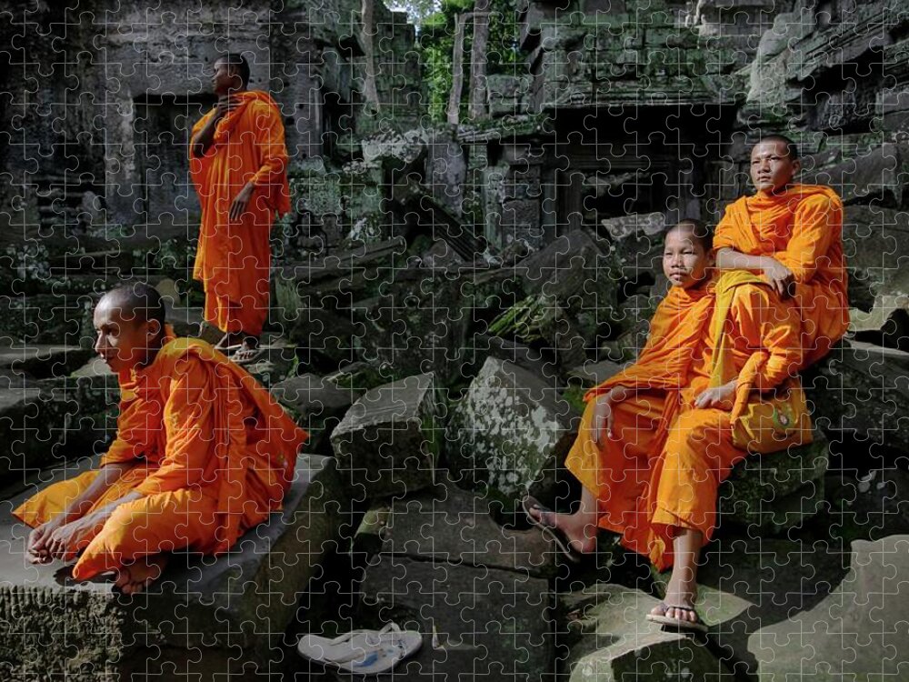 Orange Color Jigsaw Puzzle featuring the photograph Buddhist Monks At Angkor Wat Temple #1 by Timothy Allen