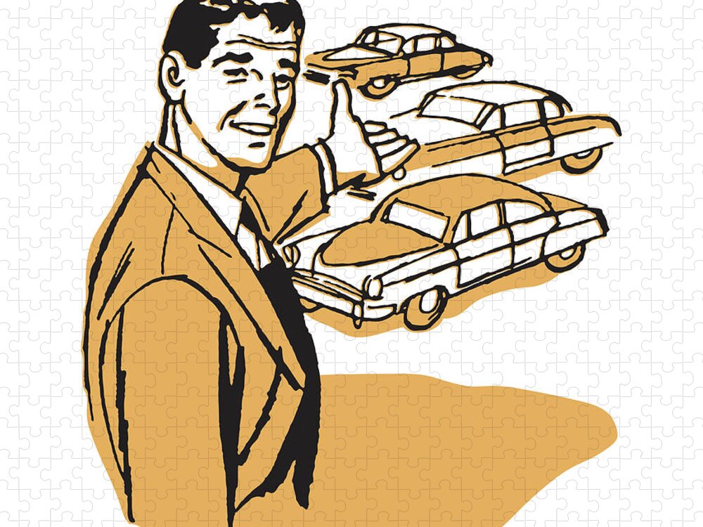 Adult Jigsaw Puzzle featuring the drawing Car Salesman Showing His Products #1 by CSA Images