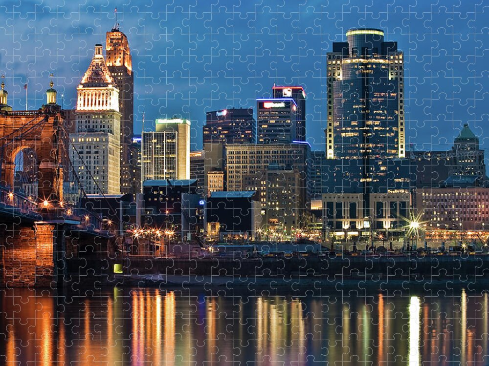Suspension Bridge Jigsaw Puzzle featuring the photograph Cincinnati Skyline #1 by Keith R. Allen