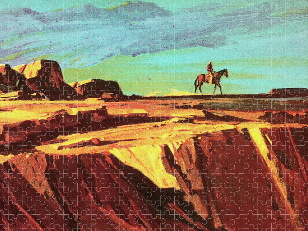 Adventure Jigsaw Puzzle featuring the drawing Cowboy and Horse on Cliff by CSA Images