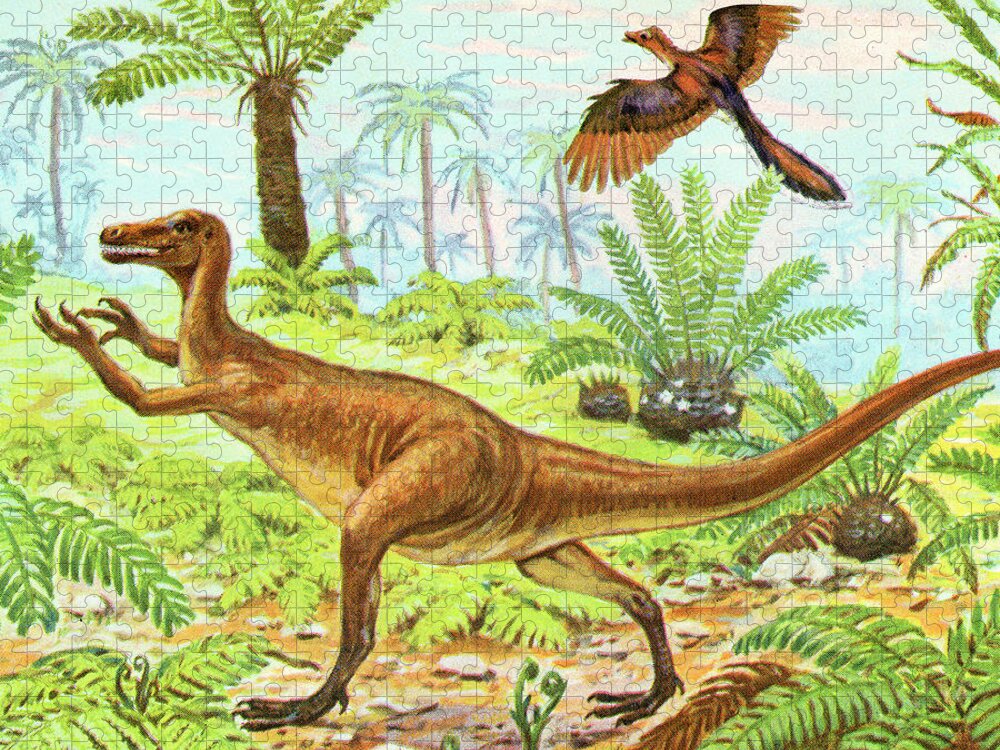 Animal Jigsaw Puzzle featuring the drawing Dinosaur in the Jungle #1 by CSA Images