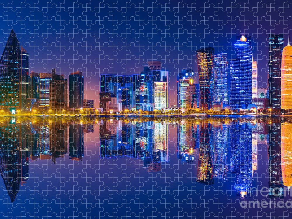 Doha Jigsaw Puzzle featuring the photograph Doha skyline reflection night #1 by Benny Marty