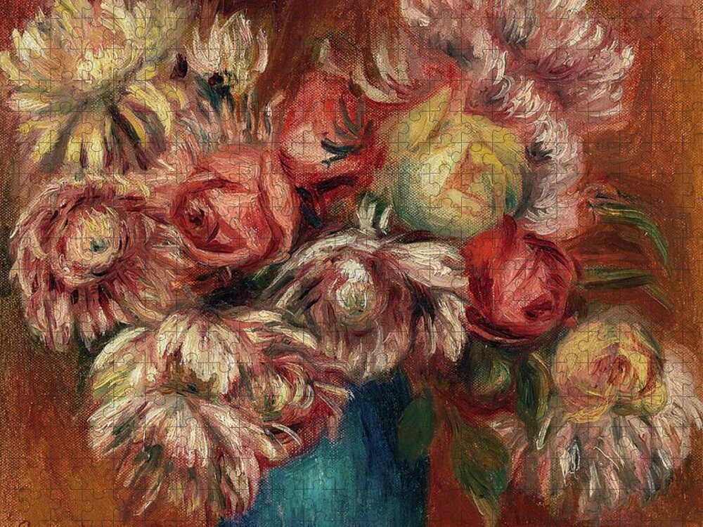 Flowers Jigsaw Puzzle featuring the painting Flowers In A Green Vase by Pierre-auguste Renoir