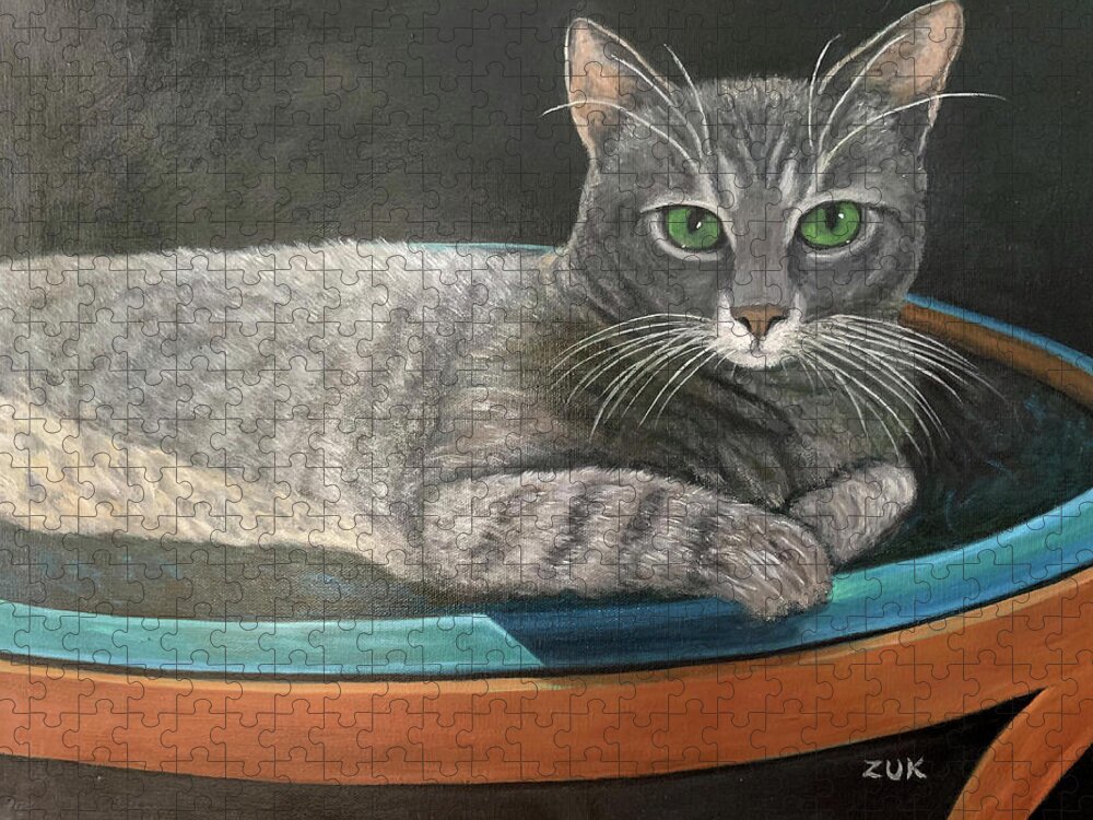 Karen Zuk Rosenblatt Art And Photography Jigsaw Puzzle featuring the painting Grey Tabby Cat by Karen Zuk Rosenblatt