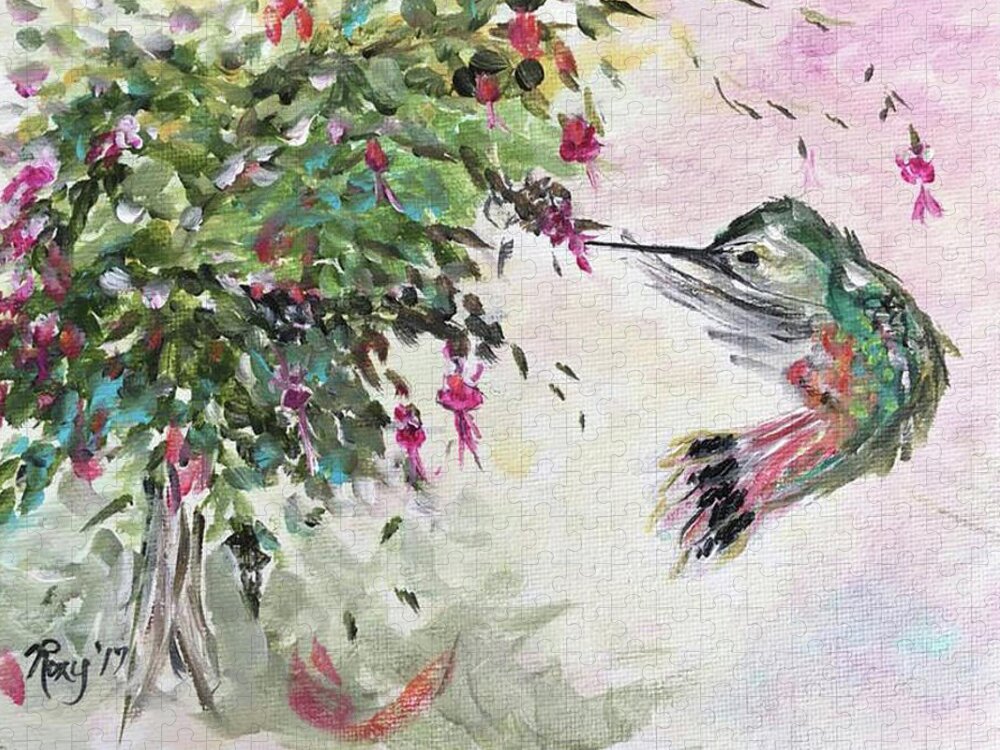 Hummingbird Jigsaw Puzzle featuring the painting Hummingbird with Fuchsias by Roxy Rich
