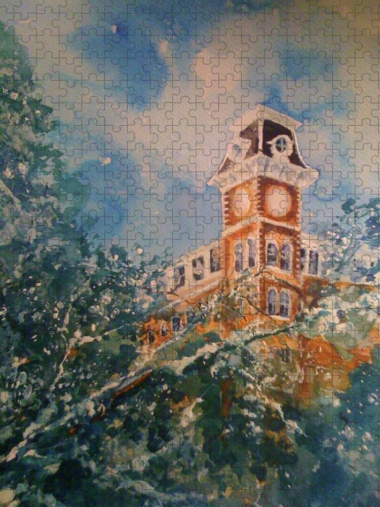 University Of Arkansas Jigsaw Puzzle featuring the painting Ice on Old Main by Robin Miller-Bookhout