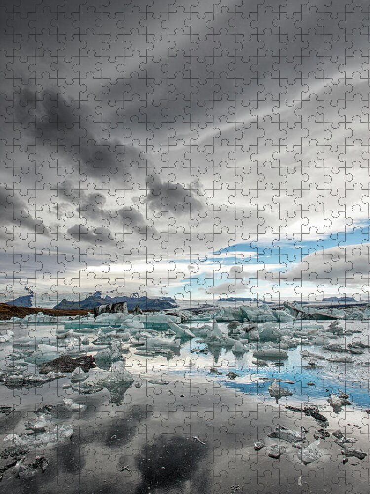 Scenics Jigsaw Puzzle featuring the photograph Icebergs In Glacial Lagoon With Stormy #1 by Mike Hill