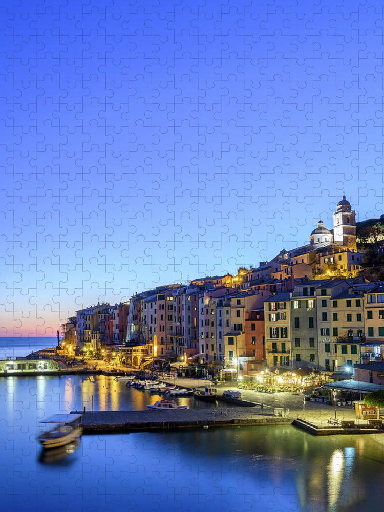 Estock Jigsaw Puzzle featuring the digital art Italy, Liguria, La Spezia District, Riviera Di Levante, Portovenere, View Of The Village At Dusk #1 by Franco Cogoli