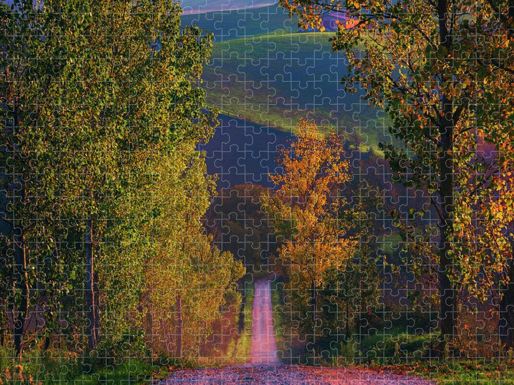 Estock Jigsaw Puzzle featuring the digital art Italy, Tuscany, Siena District, Val Di Chiana, Montepulciano, Brunello Wine Road, Top View Of An Unpaved Road In The Countryside Near Montepulciano At Sunset In Autumn #1 by Maurizio Rellini