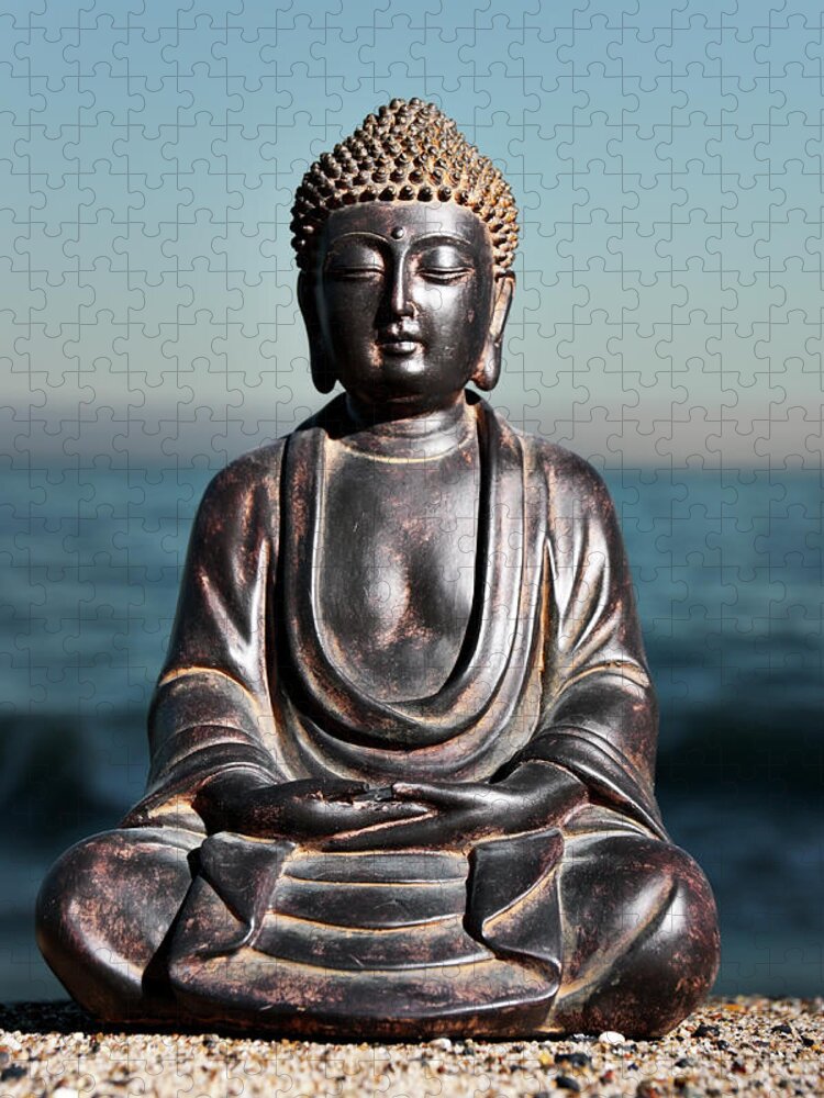 Water's Edge Jigsaw Puzzle featuring the photograph Japanese Buddha Statue At Ocean Shore by Wesvandinter