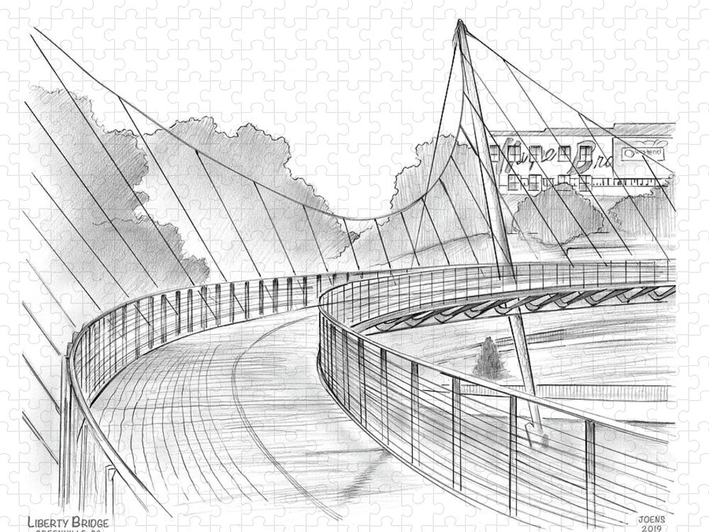 Liberty Bridge Jigsaw Puzzle featuring the drawing Liberty Bridge #1 by Greg Joens