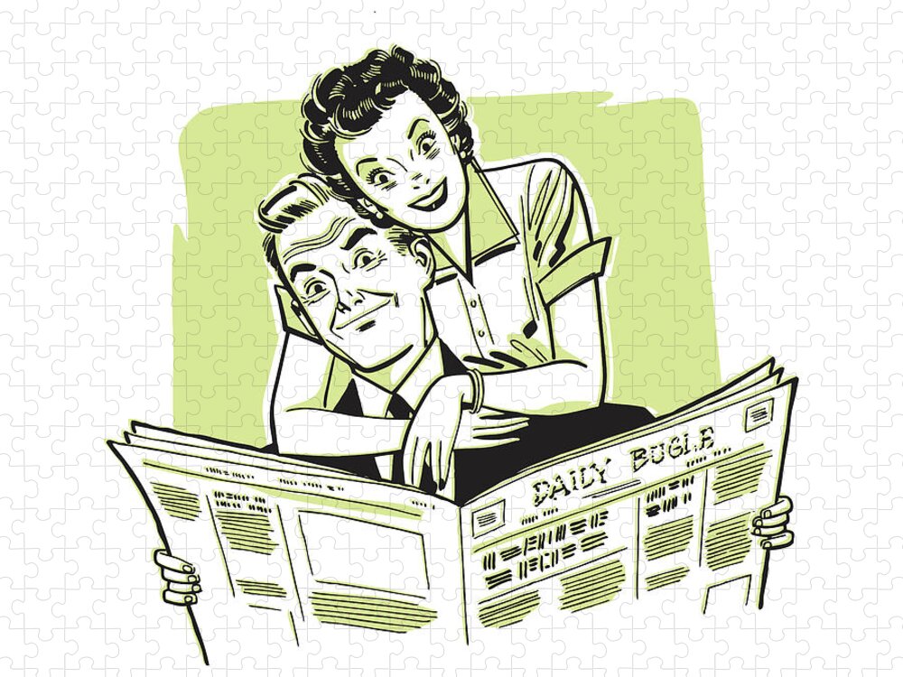 Admire Jigsaw Puzzle featuring the drawing Male and Female Couple Reading Newspaper #1 by CSA Images