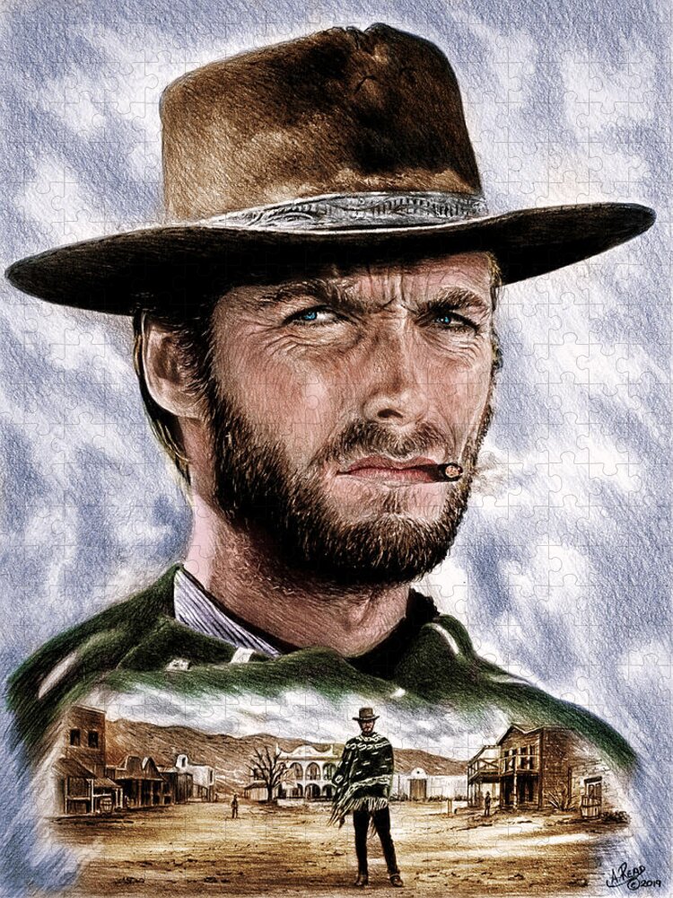 Clint Eastwood Jigsaw Puzzle featuring the drawing Man with no name colour #2 by Andrew Read