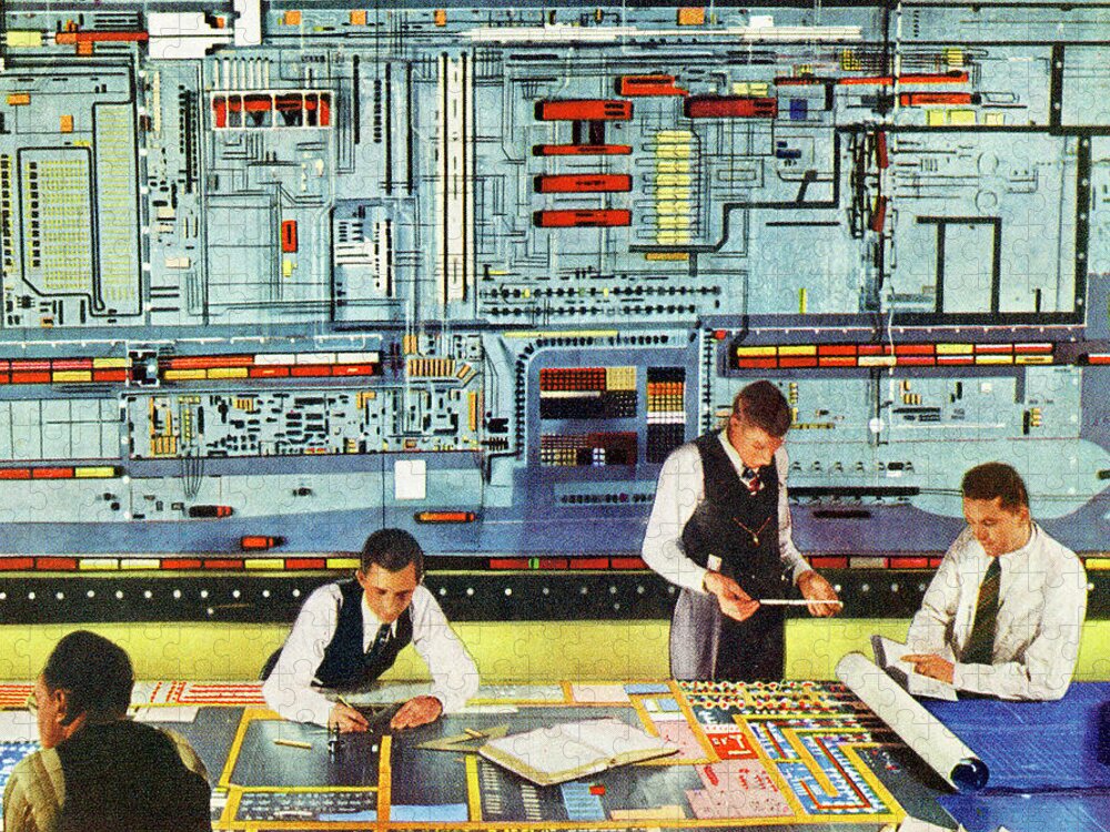 Adult Jigsaw Puzzle featuring the drawing Men Working With Super Computer by CSA Images