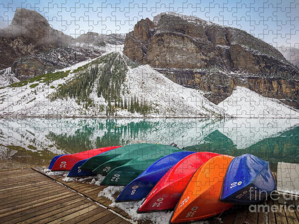 Alberta Jigsaw Puzzle featuring the photograph Moraine Lake Canoes #3 by Inge Johnsson