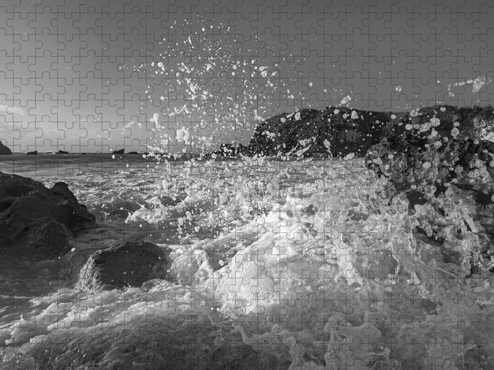 Ocean Jigsaw Puzzle featuring the photograph Ocean Wave Splash in Black and White #1 by Betsy Knapp