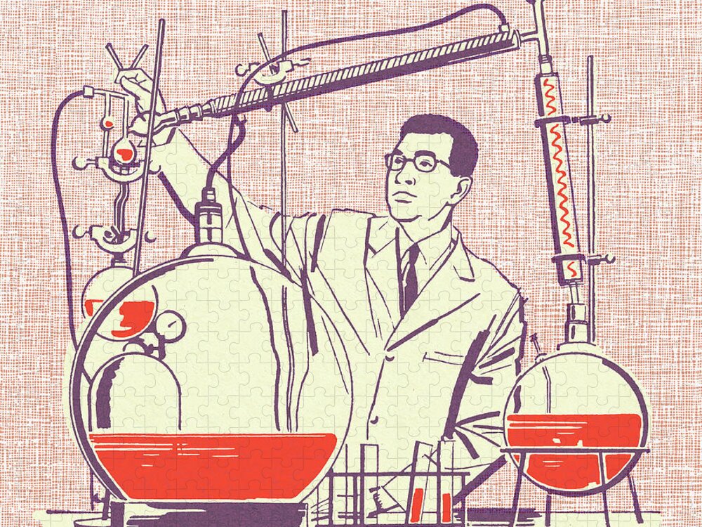 Adult Jigsaw Puzzle featuring the drawing Scientist in a Chemistry Lab #1 by CSA Images