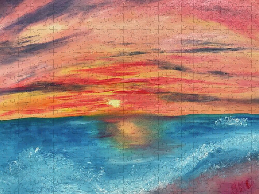 Orange Jigsaw Puzzle featuring the painting Sunset over the Rolling Waves by Susan Grunin