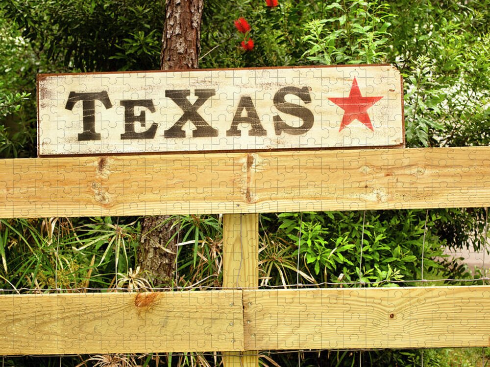 Home Decor Puzzle featuring the photograph Texas Sign With Star On Fence by Fstop123