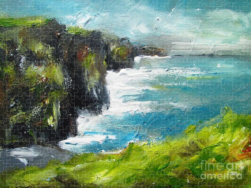 Moher Cliffs Jigsaw Puzzle featuring the painting Painting Of The Cliffs Of Moher County Clare Ireland by Mary Cahalan Lee - aka PIXI