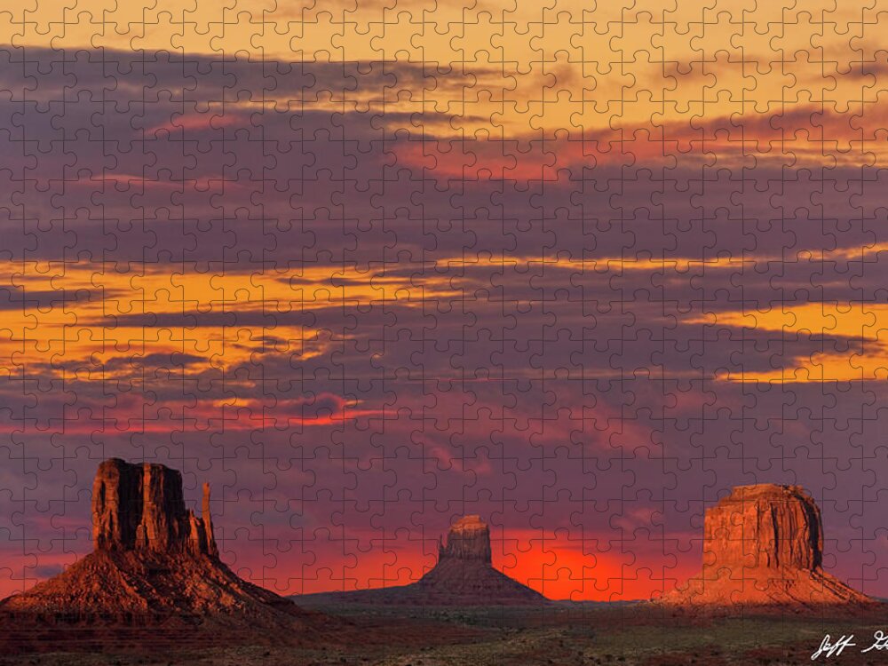 Arid Climate Jigsaw Puzzle featuring the photograph The Mittens and Merrick Butte at Sunset by Jeff Goulden