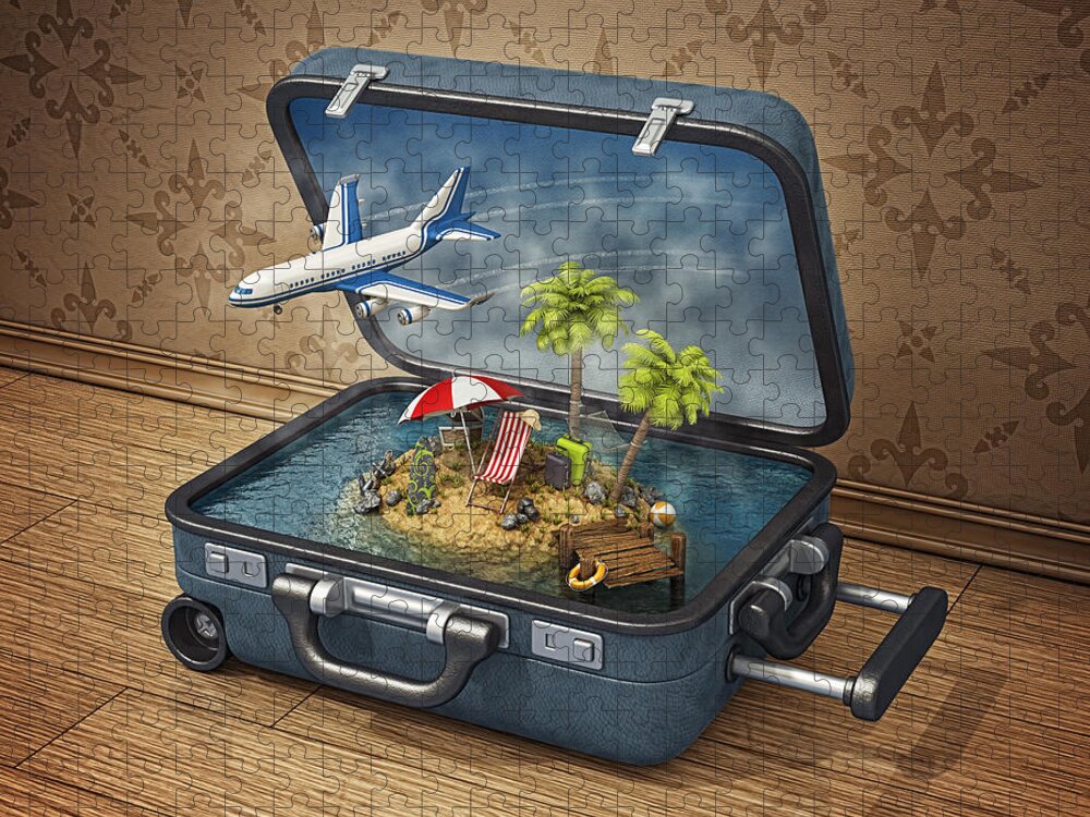 Tropical Tree Jigsaw Puzzle featuring the photograph Vacation Island In Suitcase #1 by Pagadesign