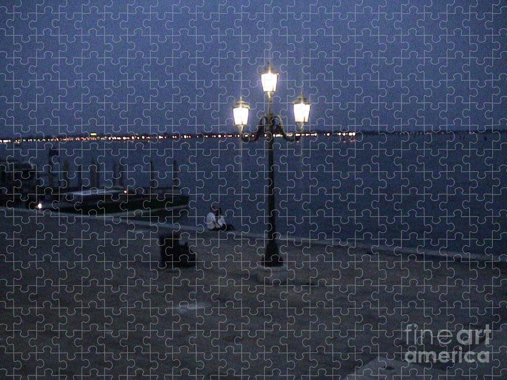 Venice Jigsaw Puzzle featuring the photograph Venice Italy San Marco Square Pier Promenade At Sunset Light Pole Romantic Couple Panoramic View #1 by John Shiron