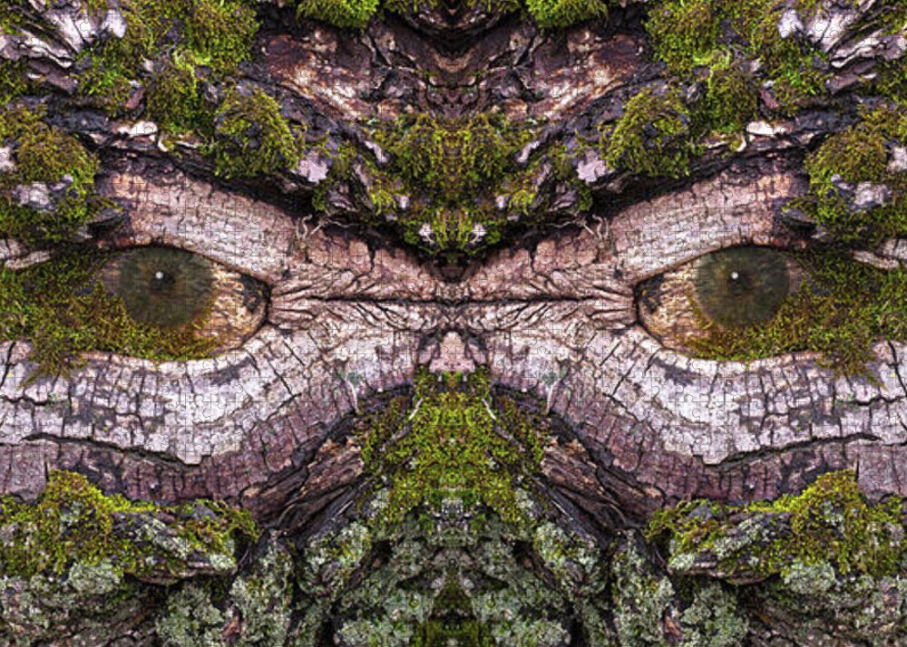 Wood Tree Eye Freaky Mask Scary Ent Organic Life Moss Algae Eyes Eyeball Watching Watcher Abstract Psychodelic Nightmare Frightful Monster Dark Forest “green Man” Jigsaw Puzzle featuring the photograph - Watcher in the Wood #2 - Human face and eyes hiding in mirrored tree feature - Green Man by Peter Herman