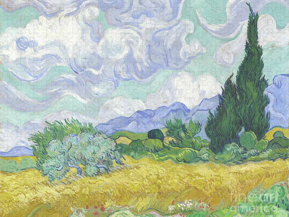 Wheat Jigsaw Puzzle featuring the painting Wheatfield With Cypresses, 1889 by Vincent Van Gogh
