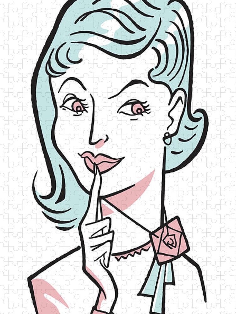 Adult Jigsaw Puzzle featuring the drawing Woman with a Secret and Finger to Lips #1 by CSA Images