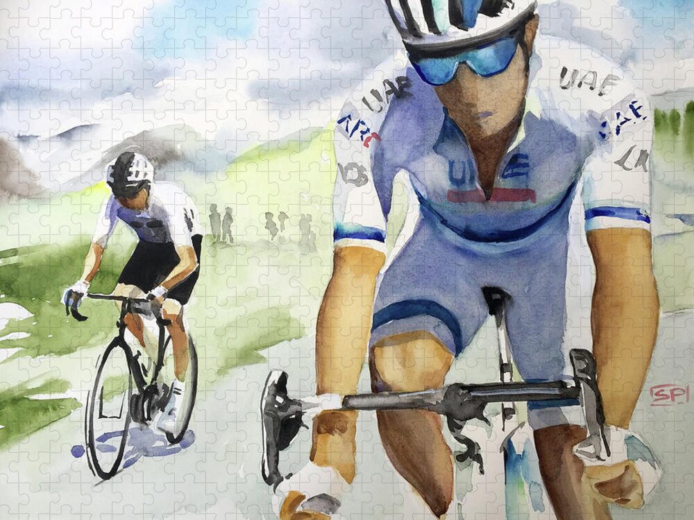Stage Jigsaw Puzzle featuring the painting 10 Froome and Kristoff Climbing by Shirley Peters