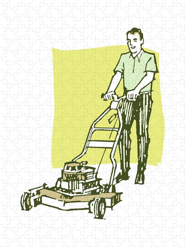 Adult Jigsaw Puzzle featuring the drawing Man Mowing Lawn #10 by CSA Images