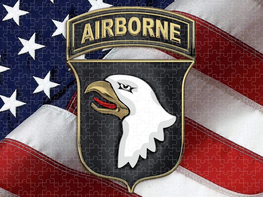 Military Insignia & Heraldry By Serge Averbukh Jigsaw Puzzle featuring the digital art 101st Airborne Division - 101st A B N Insignia over American Flag by Serge Averbukh
