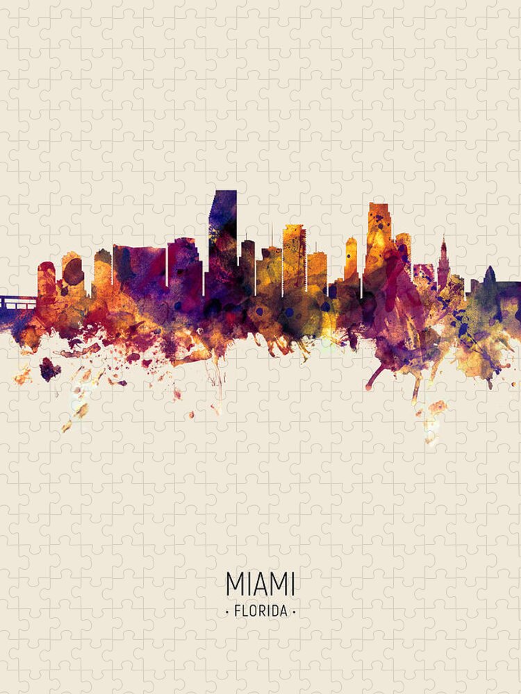 Miami Jigsaw Puzzle featuring the digital art Miami Florida Skyline #11 by Michael Tompsett