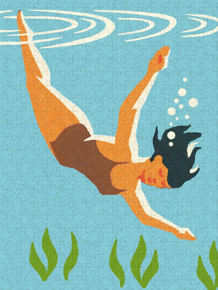 Adult Jigsaw Puzzle featuring the drawing Swimmer by CSA Images