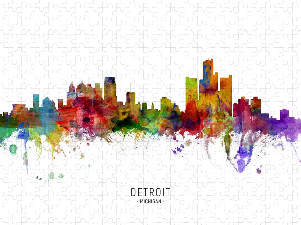 Detroit Jigsaw Puzzle featuring the digital art Detroit Michigan Skyline #15 by Michael Tompsett