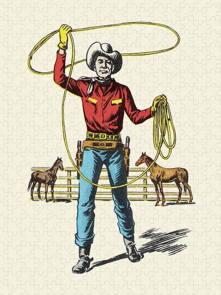 Accessories Jigsaw Puzzle featuring the drawing Cowboy With Lasso #16 by CSA Images