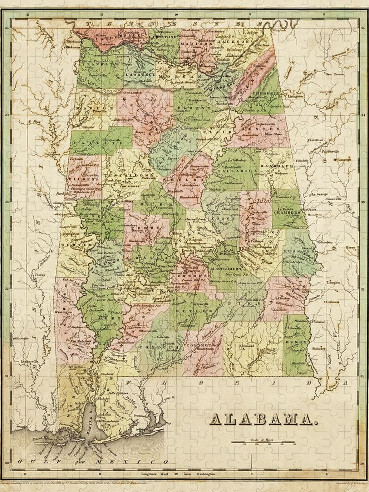 Alabama Jigsaw Puzzle featuring the digital art 1838 Map of Alabama Historical Map by Toby McGuire