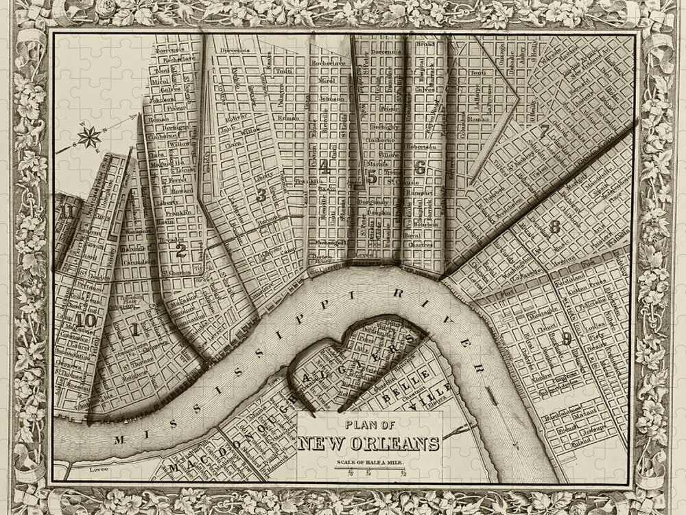 1860 Jigsaw Puzzle featuring the digital art 1860 New Orleans City Plan Map Sepia by Toby McGuire